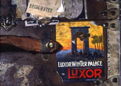 Travel trunk with Luxor souvenir sticker.